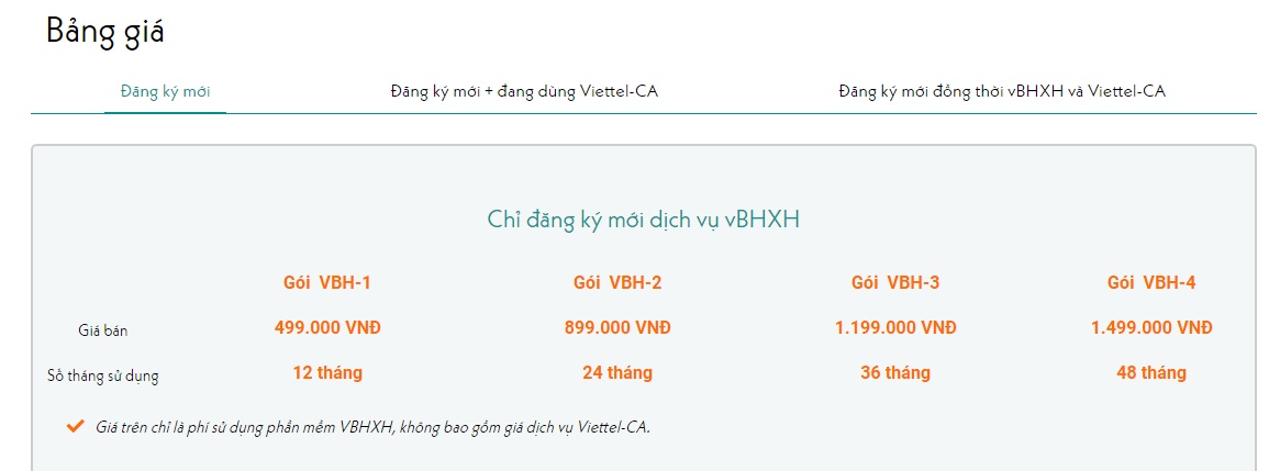 bảng giá dịch vụ vBHXH của Viettel