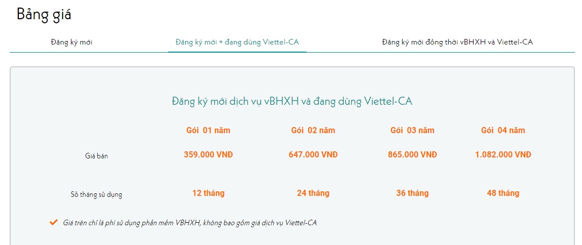 bảng giá dịch vụ vBHXH của Viettel