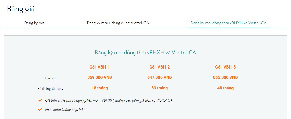 bảng giá dịch vụ vBHXH của Viettel